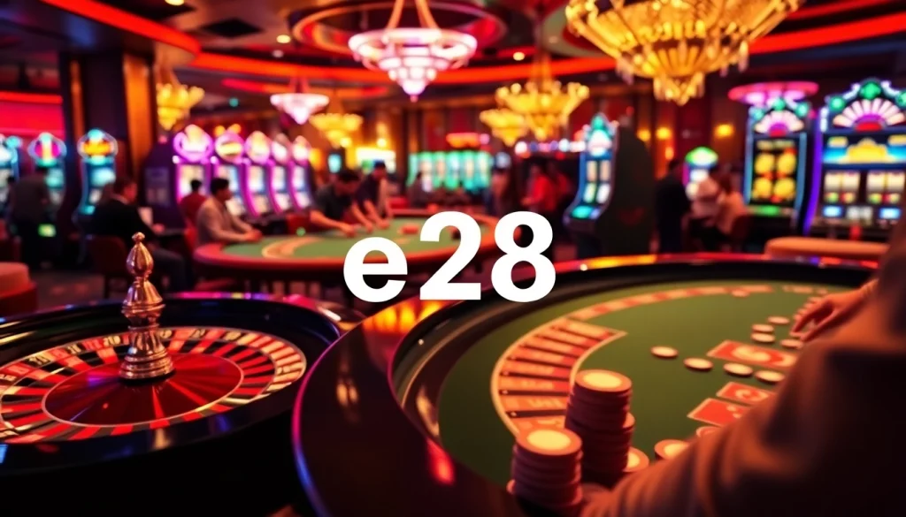 Experience e28's exhilarating casino action with poker and roulette tables bustling with players.