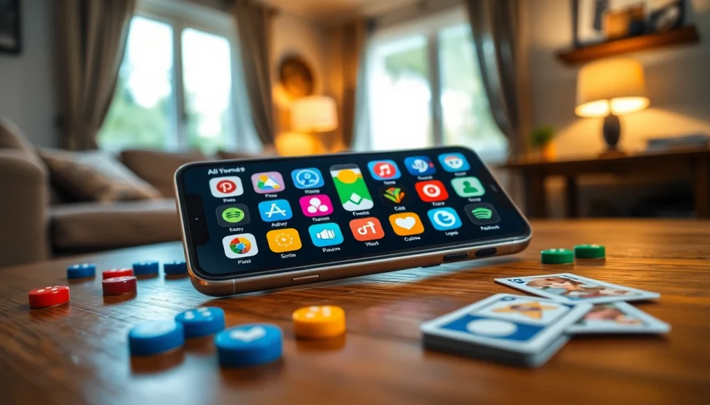 Engage in All Yono Games with vibrant app icons and game pieces on a cozy table.