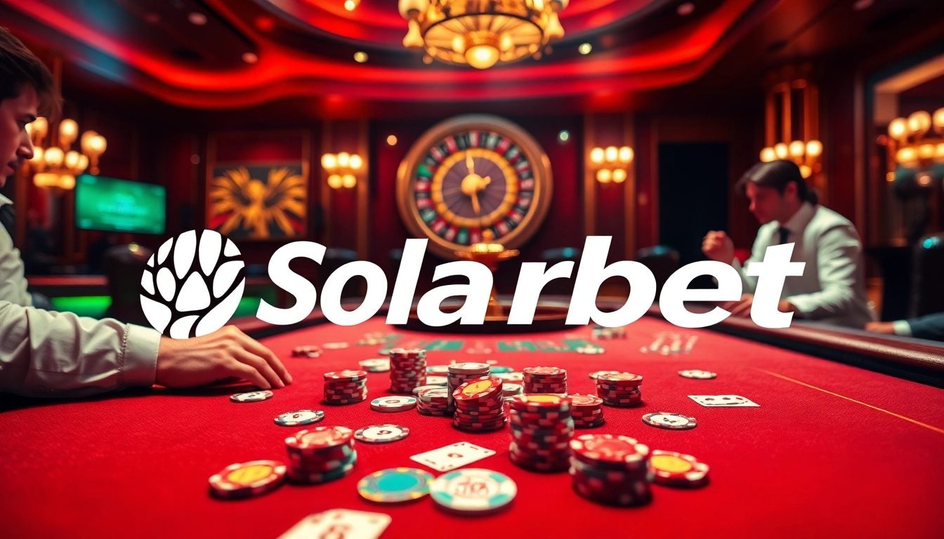 Engaging poker scene at Solarbet casino with vibrant colors and enthusiastic players, highlighting the thrill of online gambling.