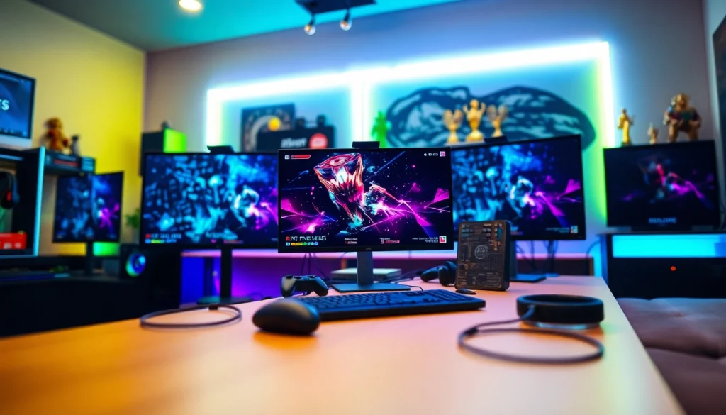 Engaging gaming environment featuring awin66 setup with vibrant monitors and colorful LED lighting.