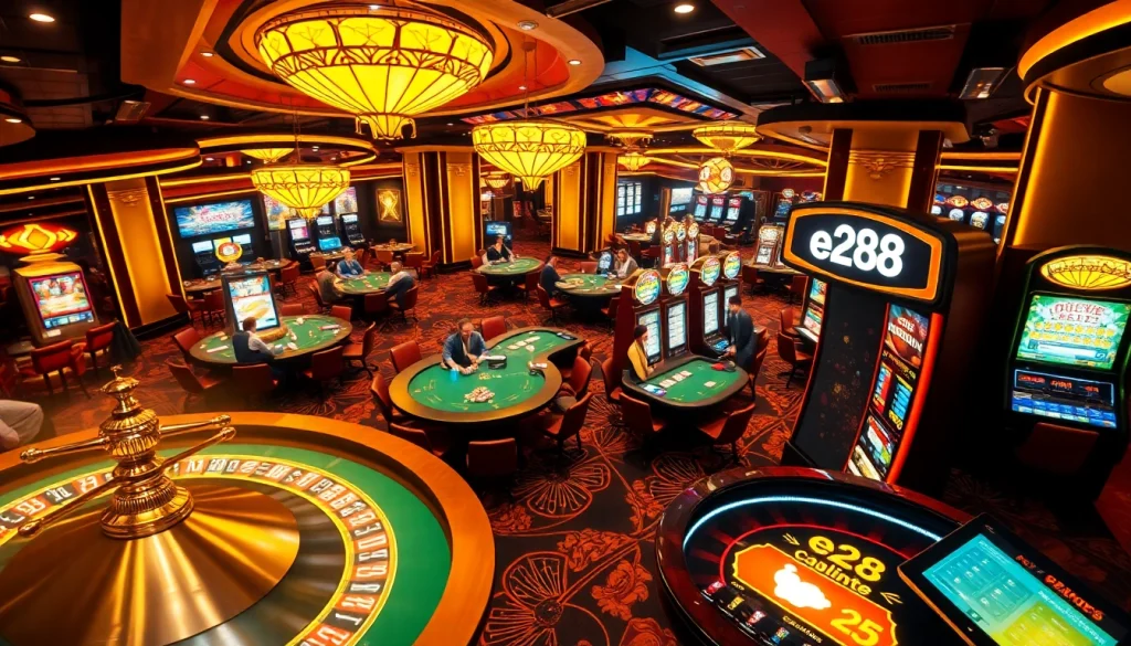 Experience the thrill of the e28 casino floor with vibrant poker tables and lively slot machines.