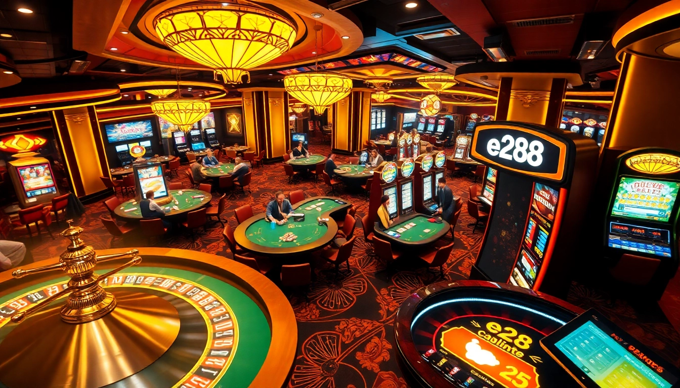 Experience the thrill of the e28 casino floor with vibrant poker tables and lively slot machines.