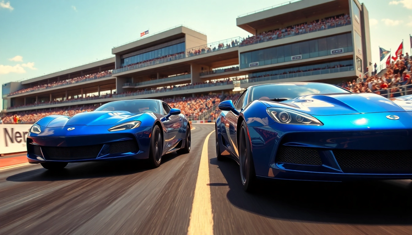 Cars racing in a thrilling drag racing event, showcasing speed and competition.