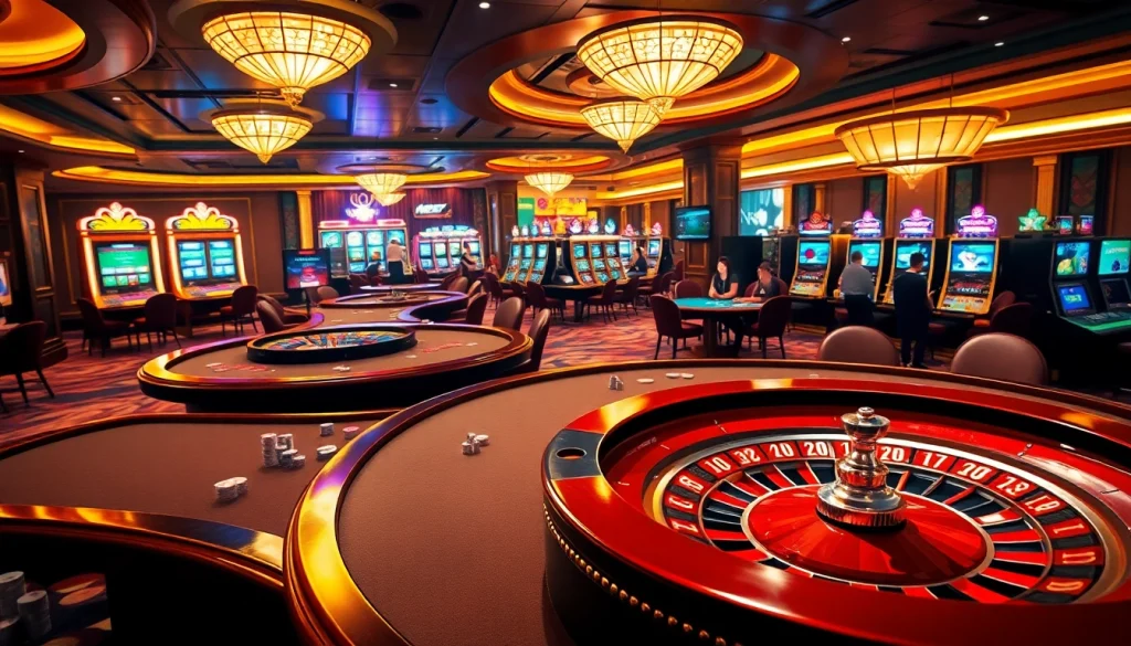Experience the thrill of NgonClub with vibrant casino tables, poker chips, and spinning roulette wheels.