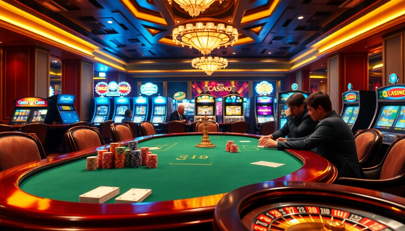 Review nhà cái with players at an engaging poker table, vibrant casino atmosphere, and dynamic gameplay.