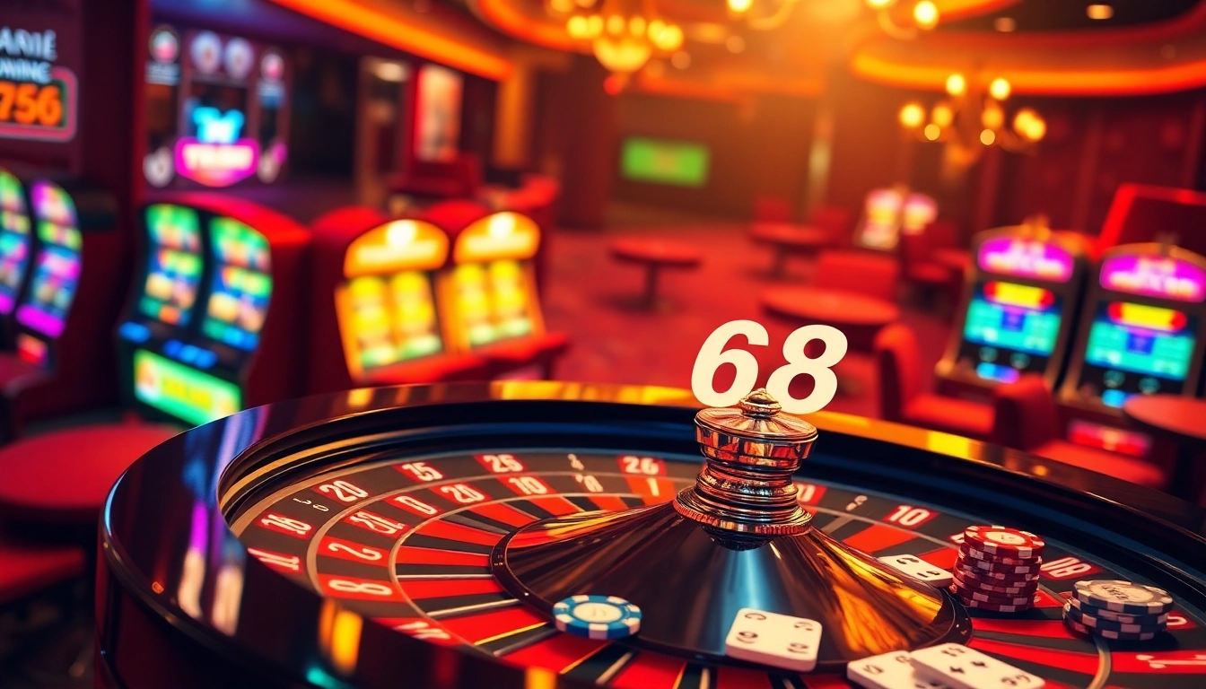 Twin68 logo shines on a vibrant roulette wheel amidst exciting casino games, highlighting thrilling gambling experiences.