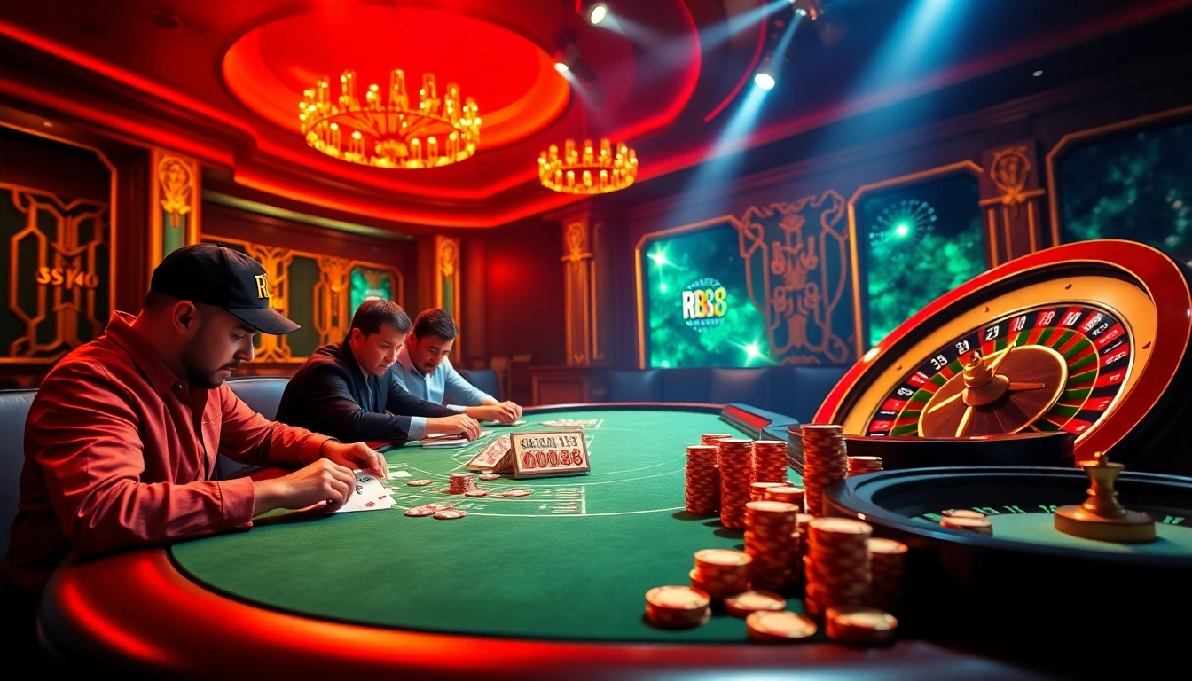 Experience the thrill of RR88 at an engaging poker table in a vibrant casino setting.