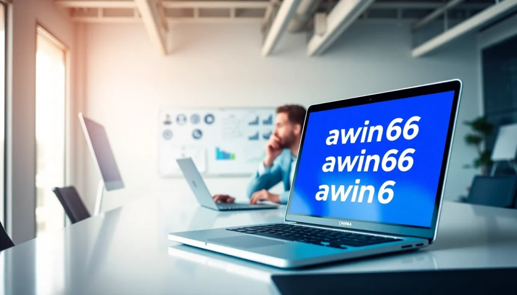 Engaging marketing strategy presentation showcasing awin66 on a laptop in a modern office.