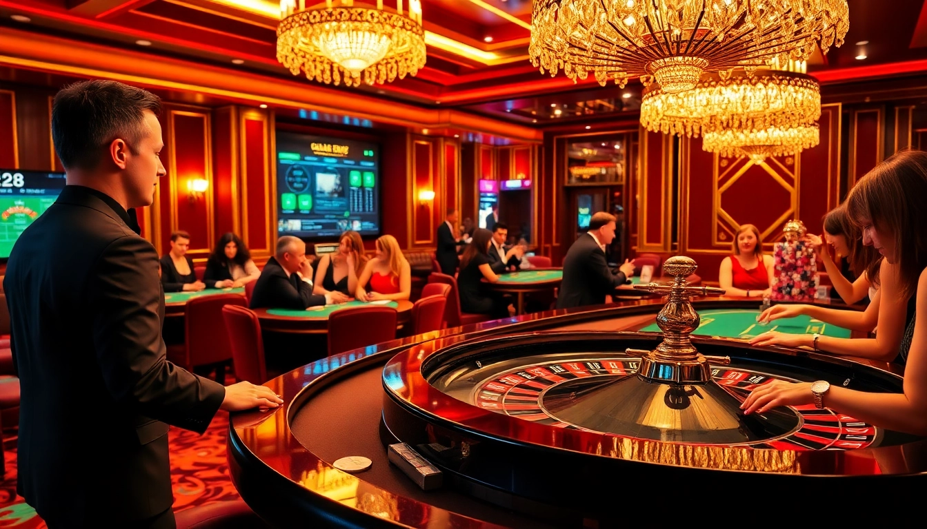 Players experience the thrill of e28 gaming at a lively casino, featuring roulette and blackjack tables.