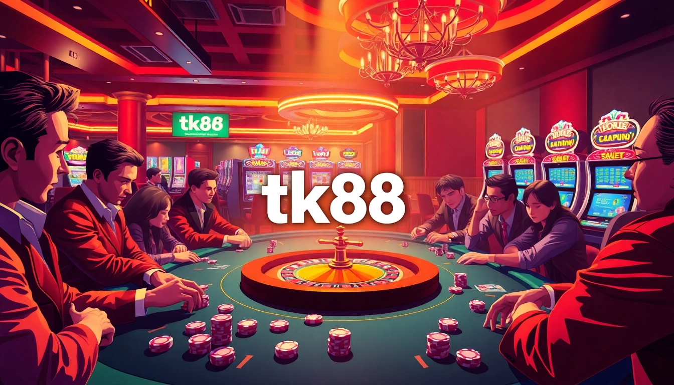 Experience the thrill of tk88 gaming, featuring a lively casino scene with poker tables and roulette wheels.