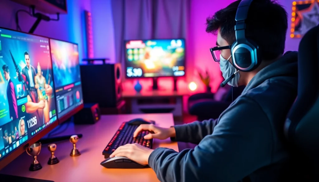 Awin66 gaming setup showcasing a professional gamer in a high-tech environment.