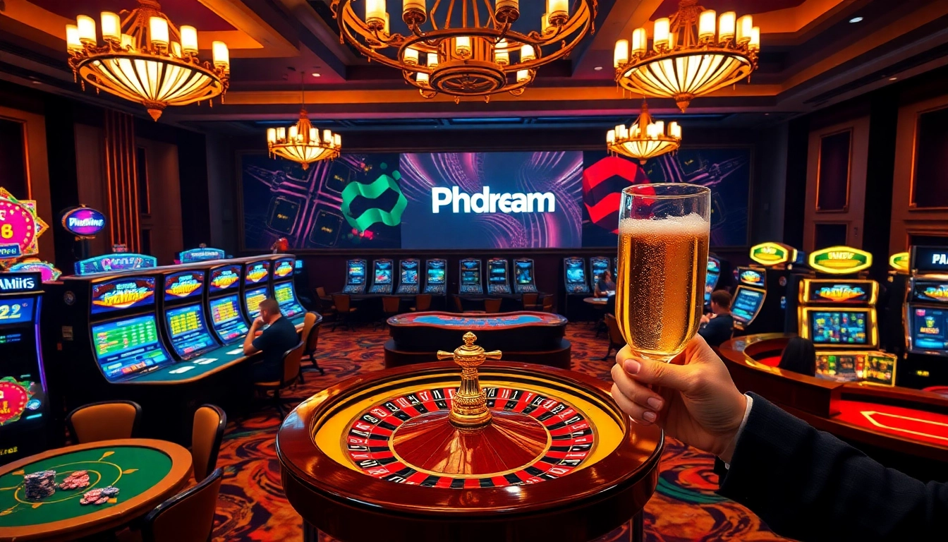 Experience the thrilling Phdream casino ambiance with players enjoying poker, colorful slot machines, and a roulette wheel.