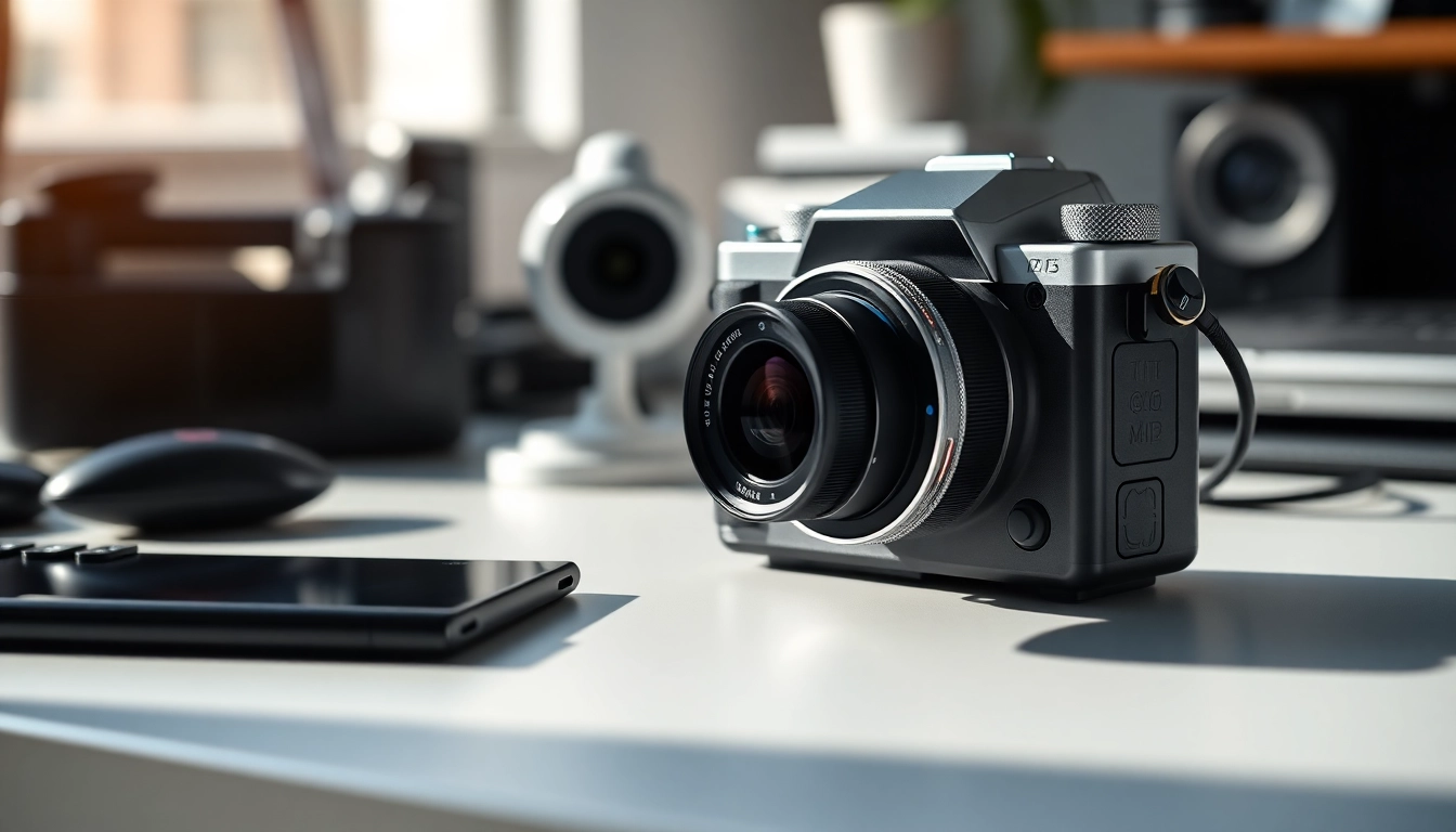 Showcase of a mini caméra emphasizing its sleek design and modern features.