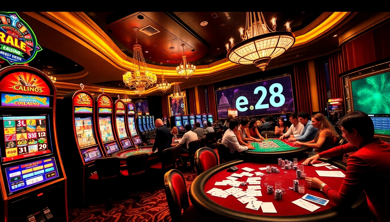 The casino scene showcases vibrant slot machines and a roulette wheel, highlighting the thrilling e28 gambling atmosphere.