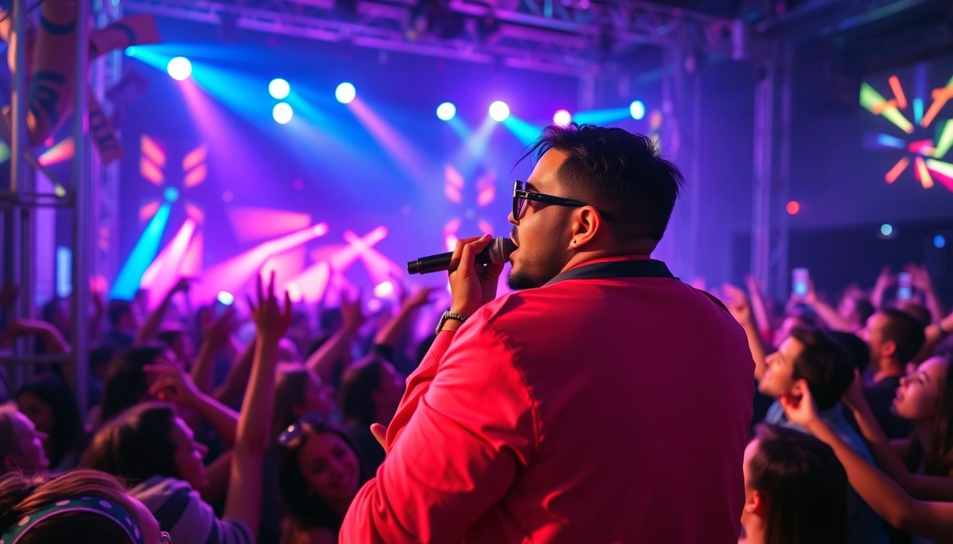 Musician OK88 performing energetically on stage with vibrant lights and a lively audience.