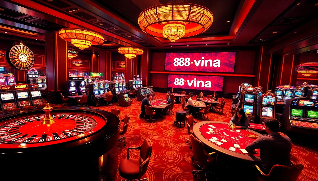 Engaging casino scene showcasing players at poker tables with the "88aa vina" branding evident among the gaming excitement.