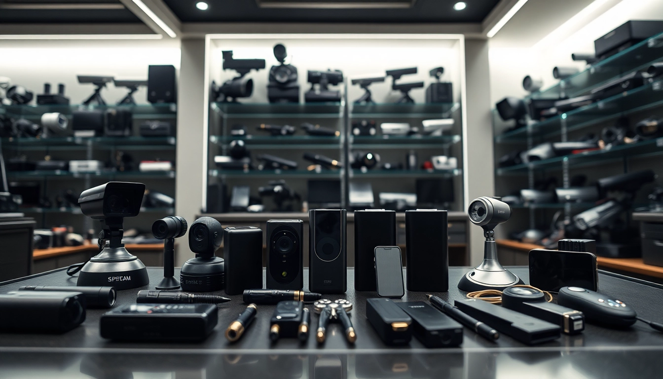 Explore a high-tech boutique d'espionnage filled with sophisticated spy gadgets and equipment.