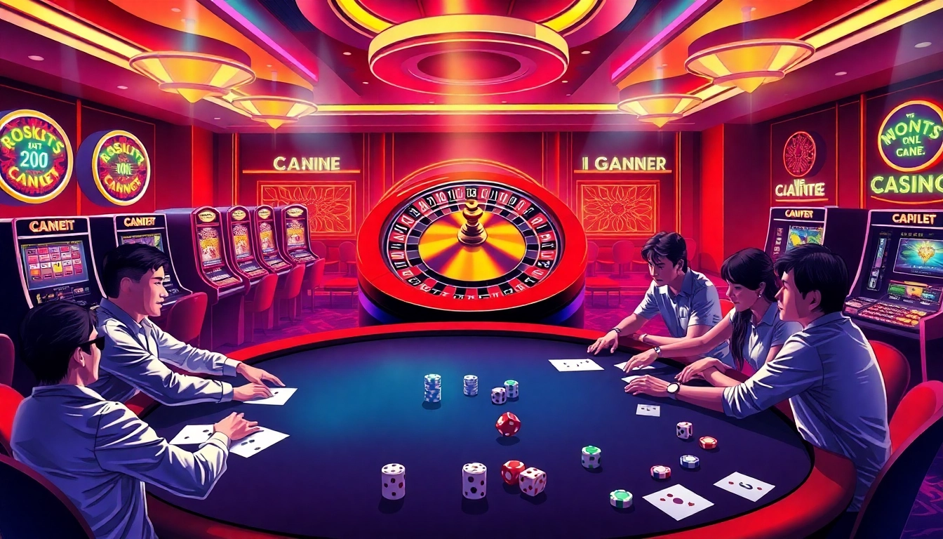 Exciting casino scene at https://vaobet.cn.com/ with roulette wheel and poker players enjoying a thrilling game.