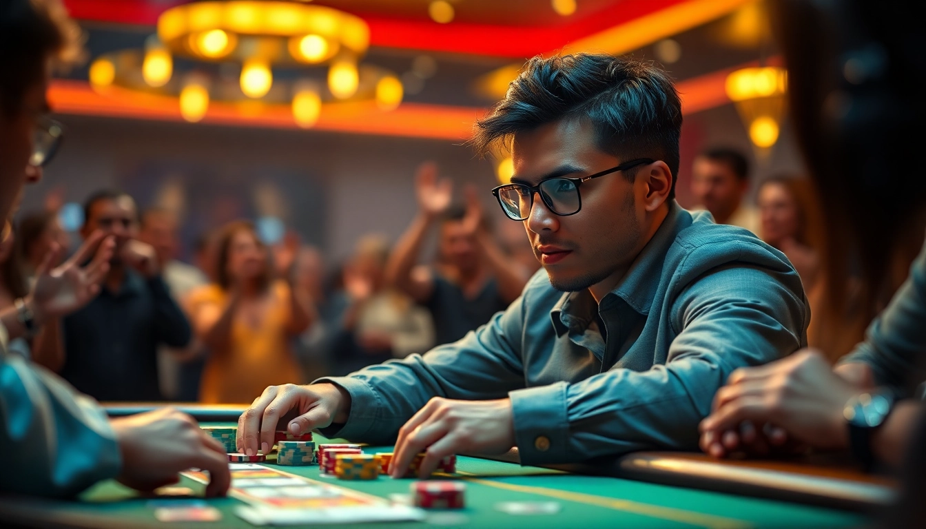 Engaging scene of online poker kr ly with a focused player amidst colorful chips and cards.