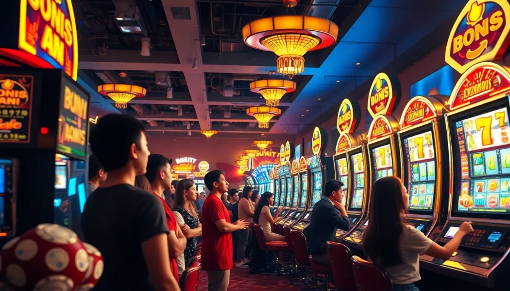 Engaging casino scene with players enjoying slot hoki machines, vibrant colors and exciting atmosphere.