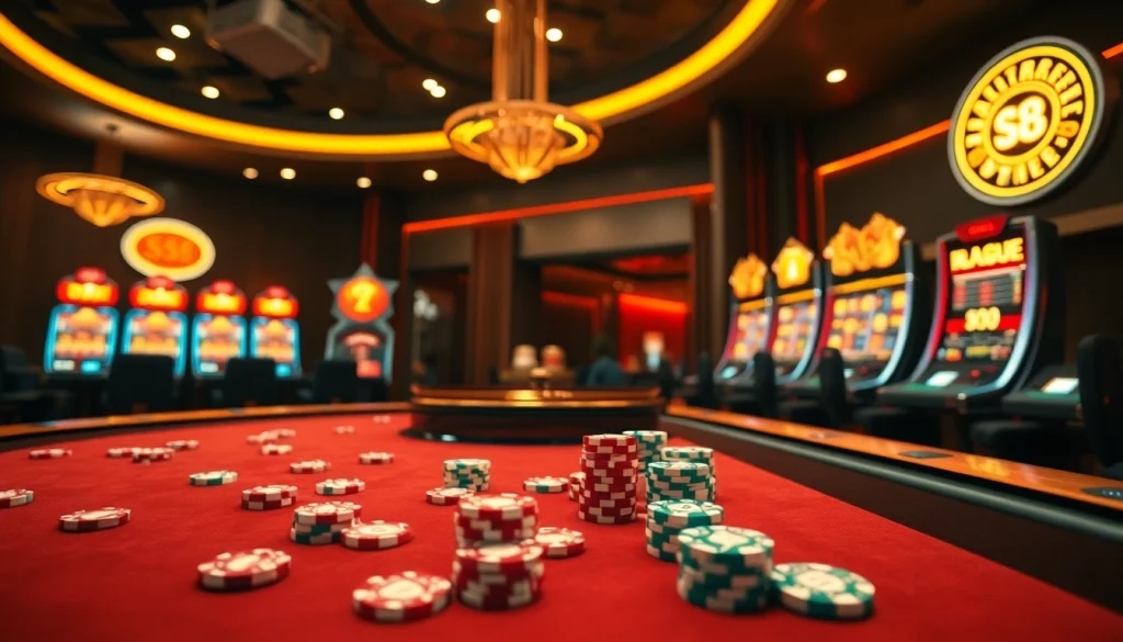 Exciting scene of online gambling at S8 casino featuring vibrant slot machines and a roulette table.