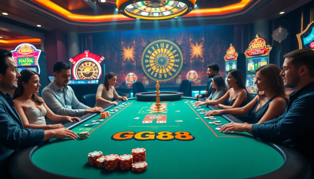 Players enjoying the excitement of GG88 poker games at a luxurious casino table.