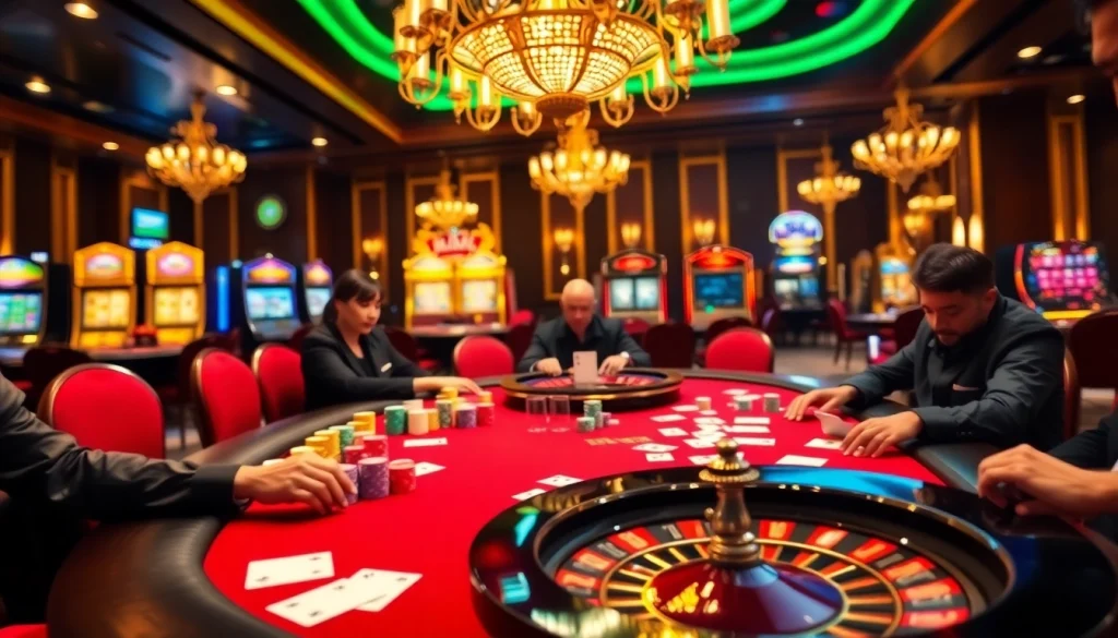 Engaged players at the NK88 casino poker table surrounded by vibrant decor and colorful chips.