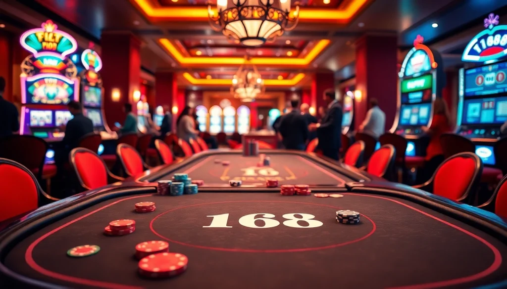 F168 poker table with vibrant chips and cards amidst an exciting casino atmosphere.