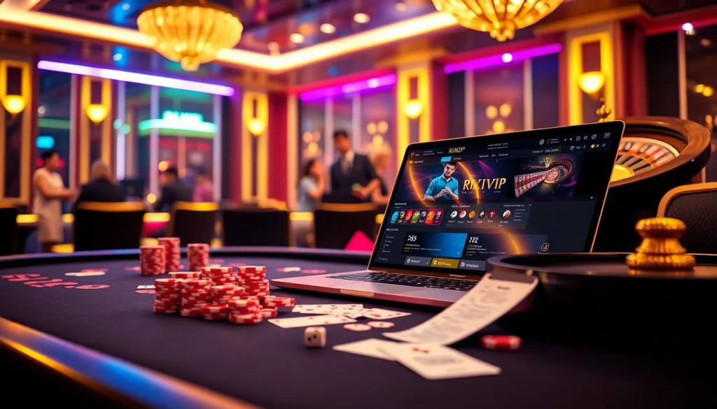 RIKVIP online gambling interface with casino chips and a roulette wheel, creating an engaging atmosphere.
