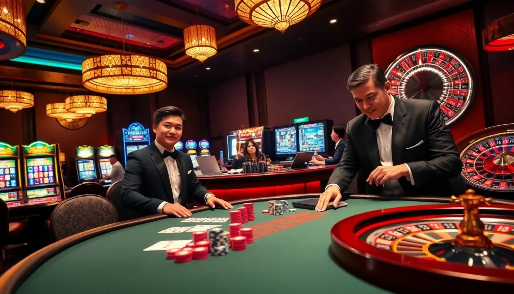 Online gamblers enjoying poker excitement at https://p9pg999.com/ with vibrant chips and lights.