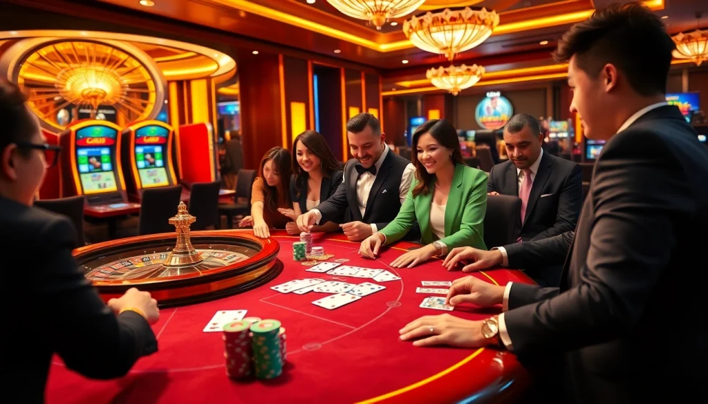 Engaging gamblers at Nhà cái OK8386 with lively casino gameplay at poker and roulette tables.