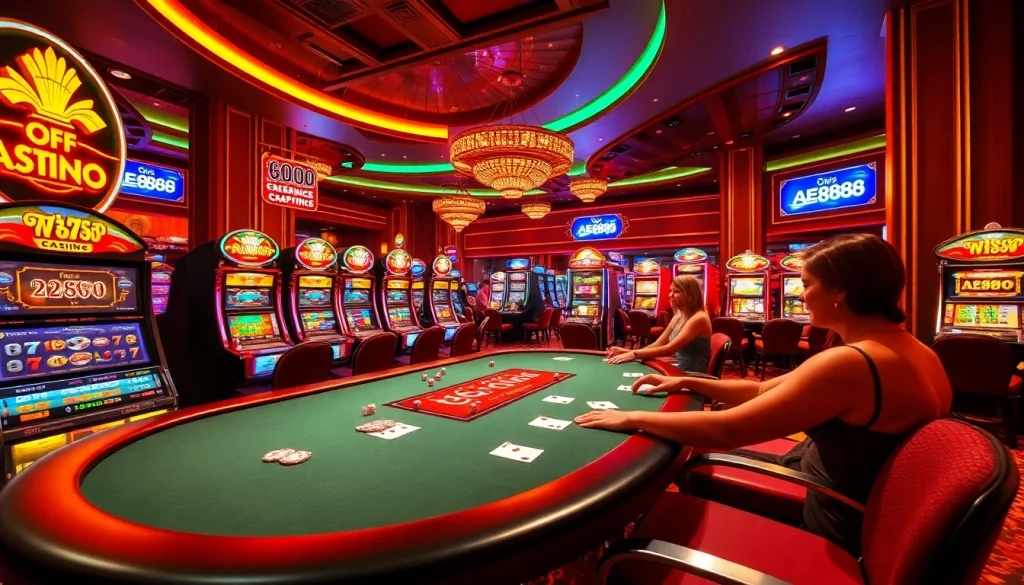 A lively casino scene where players enjoy the excitement of AE888 poker tables and colorful slot machines.